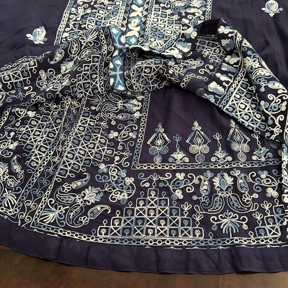 John Mark Woven Embroidered Tie Dye Print Wire Collar 3/4 Sleeve Button Tunic - Picture 11 of 16